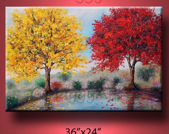 by the lake,two big trees,Autumn, large original painting, 36x24inch on stretched canvas, ready to hang