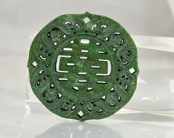 Unique Carved Chinese Green Jade Pendant Rare Xi Word Jade Pendant Flower Carved Jade Amulet Talisman Chinese Jade Carved Pendant