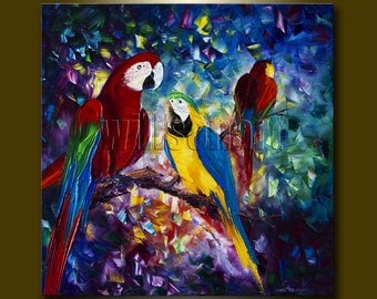 Parrot Portrait Original Animal Oil Painting Textured Palette Knife Modern Art 24X24 by Willson Lau