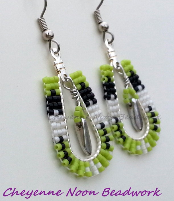 Native American Beaded Earrings Teardrop Hoops 2 Feathers