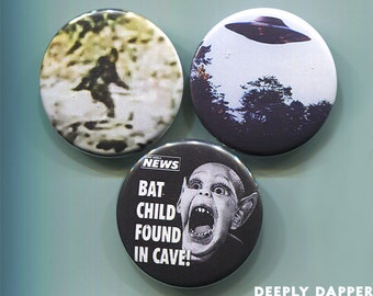 Cryptids Button Collection - UFOs BatBoy and Sasquatch - Patterson Bigfoot