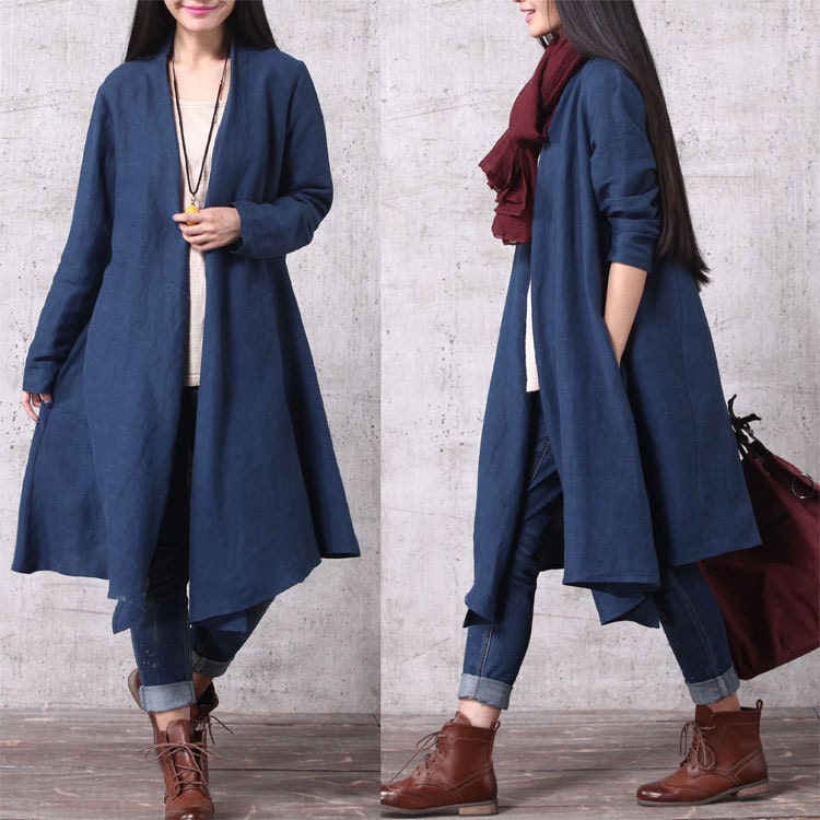 Casual Loose Fitting Long Sleeved Cotton and Linen Long Open