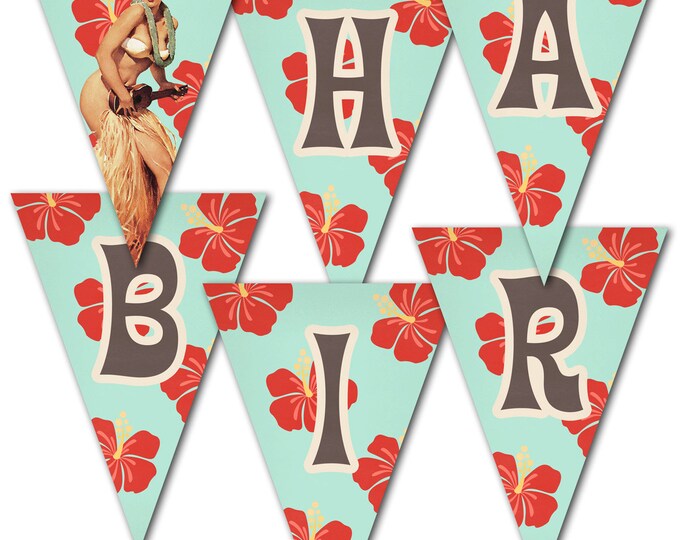Hawaiian, Luau, Happy Birthday Banner, Pennant, Instant Download, Print Your Own