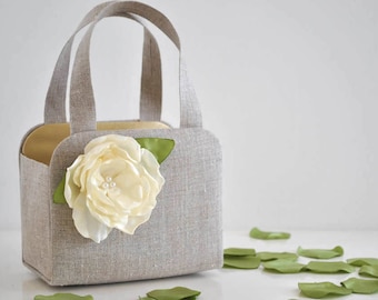 Adorable LINEN Flower girl basket. You Choose the Color for The flower and Basket lining.