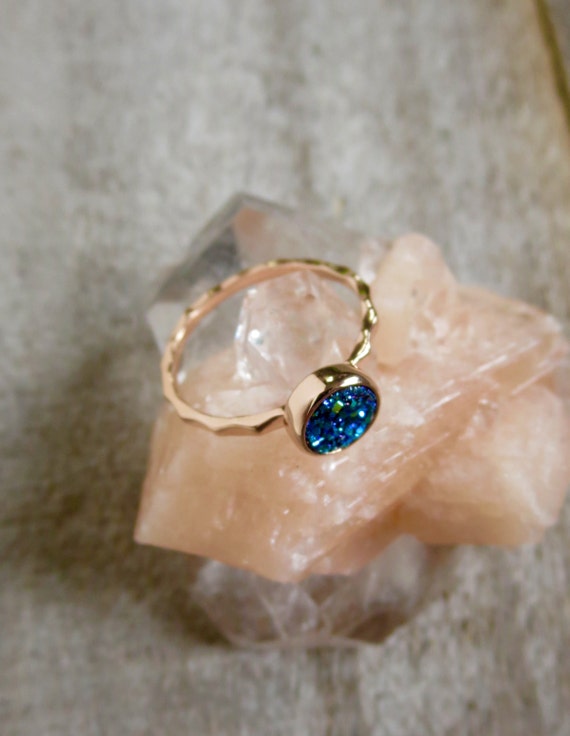 Tiny Rose Gold Druzy Ring Blue Green Druzy Ring Titanium