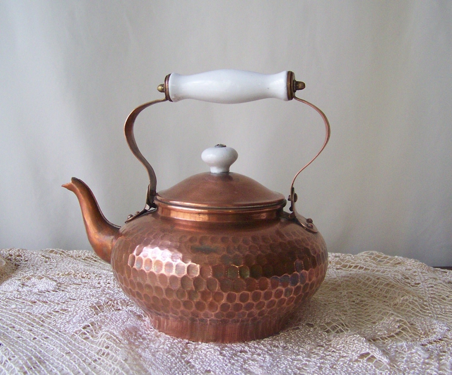 Vintage Hammered Copper Teapot Ceramic Handle and Cap Tops