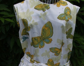 Sweet Vintage Shirtwaist Dress with Butterflies 1970s