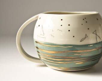 large coffee cup, FISHERMAN'S DREAM, porcelain coffee mug, gift for dad, unique coffe emugs , gold porcelain cup, 400ml / 13.5 oz capacity