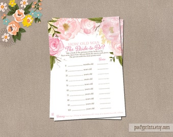 Watercolor Flowers How Old is the Bride to Be Game Card - Guess the Bride's Age Game - Rose Pink Peony - INSTANT DOWNLOAD - Rose Collection