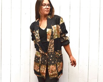 Slouchy Blazer Jacket - Early 90s Floral Patchwork Print Coat - Silky Vintage Overcoat - Medium M / Large L