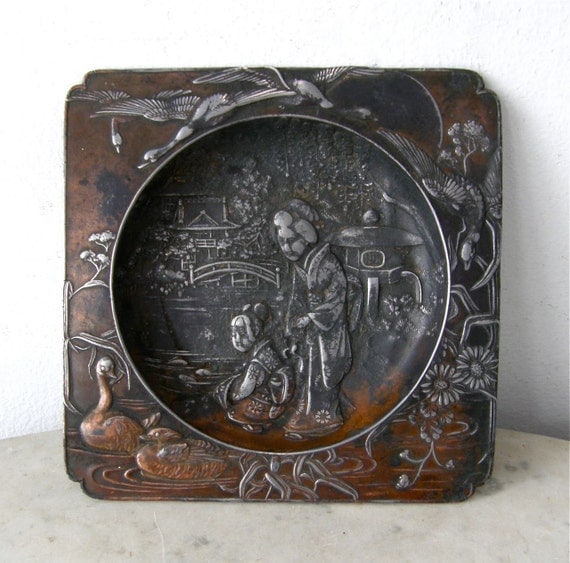 ANTIQUE CHINESE ASHTRAY Raised Copper & Silver by OnceUpnTym