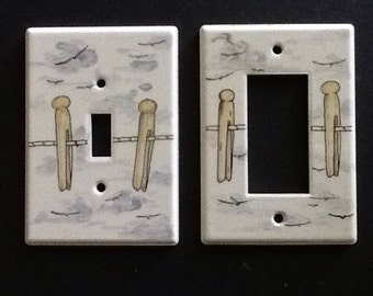 Ceramic handpainted clothespin triple switch plates