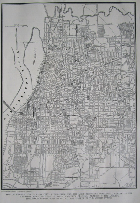 MEMPHIS Map. 1945 TN City Street Map. Black by OriginalAntiqueMaps