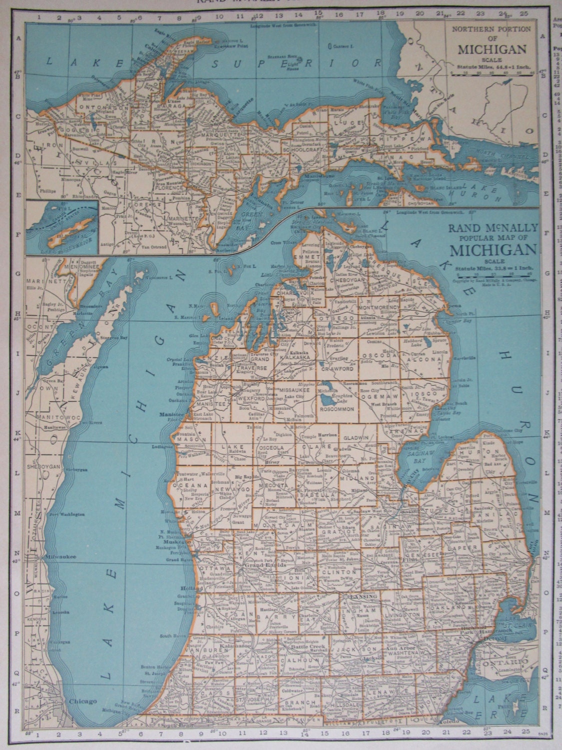 Vintage 1926 MICHIGAN Map. Premium Aqua Tan Atlas Wall MI Map