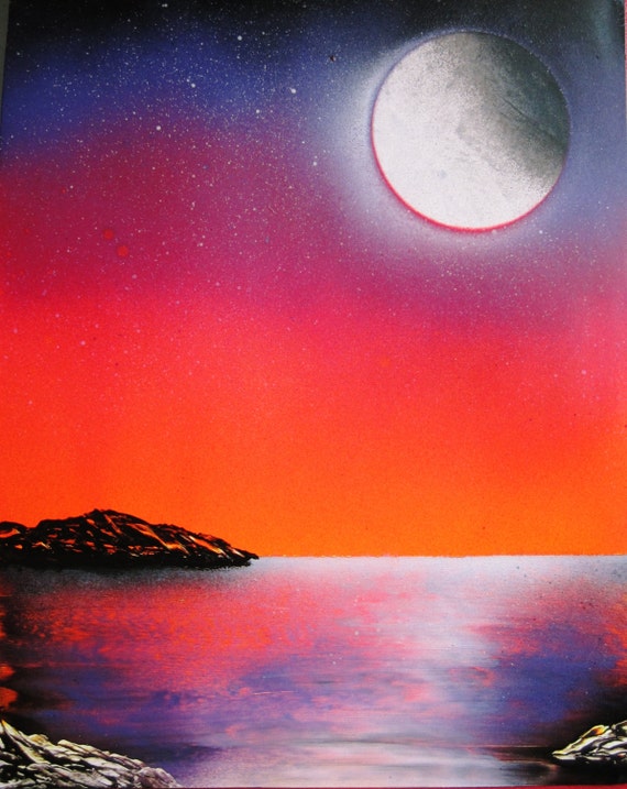 Spray Paint Art Original Sunset Over Water Landscape Poster