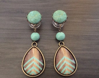 0g Dangle Plugs 4g, 2g Gauged Earrings Mint Chevron Wood Pattern Teardrop Plugs 6g Ear Plugs, 00g Dangly Body Jewelry