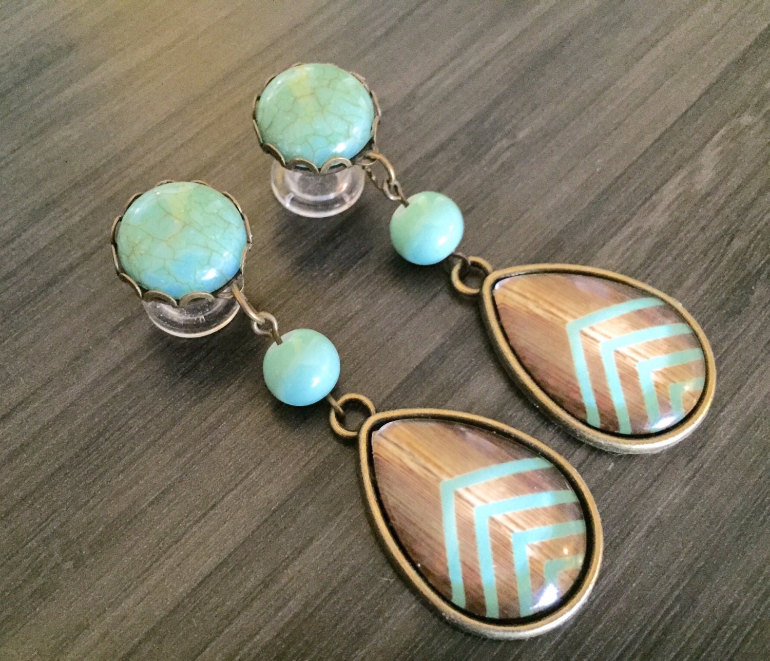 0g Dangle Plugs 4g 2g Gauged Earrings Mint Chevron Wood