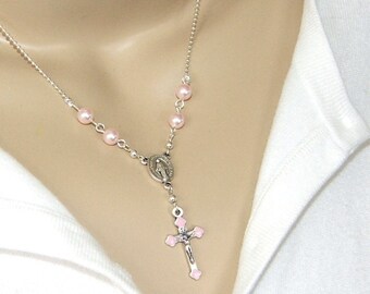 Catholic Necklace, Pink Pearls and Pink Crucifix, Fine Silver Ball Chain