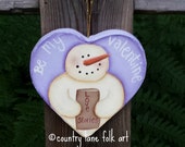 Hand painted, snowman, heart ornament, purple, paper mache, Valentine's day decor,CIJ