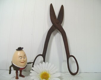 Antique Forged Steel Extra Large Tin Snips - Vintage Rustic Pair of Shears for Industrial Use - Usable Old Heavy Duty Metal Cutting Scissors