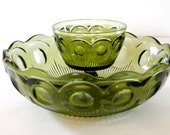 vintage green depression glass chip and dip bowl~ antique retro hors d'oeuvres appetizer serving bowl green glass