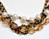 vintage 3 strand necklace with antique goldchain, pearls and peach beads antique retro gold chain pearls beads necklace