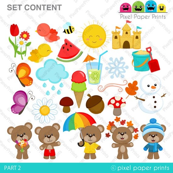 4 Seasons Bear Clip art and digital paper set by pixelpaperprints