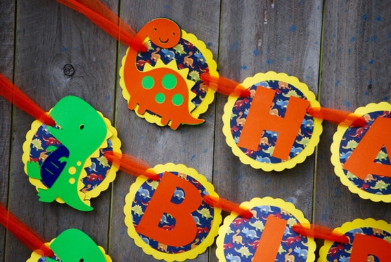 Dinosaur Birthday Banner ,Dinosaur Theme, Dinosaur Happy Birthday Banner, Yellow,Green & Orange Dino Banner