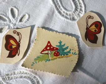 Set of 3 Small Cute Forest Mushroom Butterfly Vintage Decal Transfer Shabby Chic Unique Children Retro USSR Soviet times