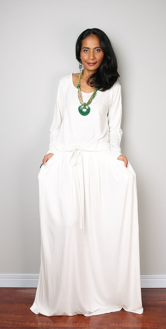 Simple long sleeve white maxi dresses plus size
