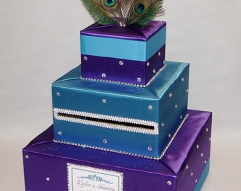 Peacock feathers theme Wedding Card Box-crystals/rhinestones-any color can be made