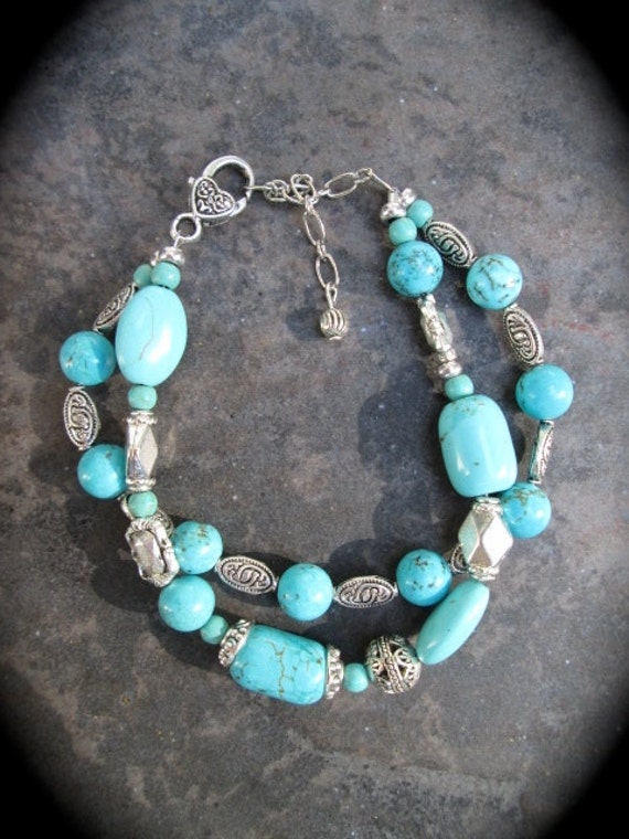 Chunky Turquoise Bracelet Double Strand with Lobster Claw