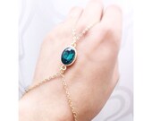 Gold Dainty Hand Chain Bracelet - Slave Bracelet - Body Jewelry - Emerald Green Stone
