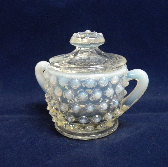Fenton white opalescent hobnail sugar bowl with lid Haute Juice