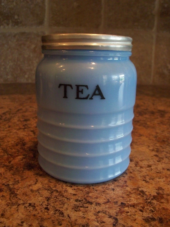 Vintage Delphite Blue Depression Glass TEA Canister
