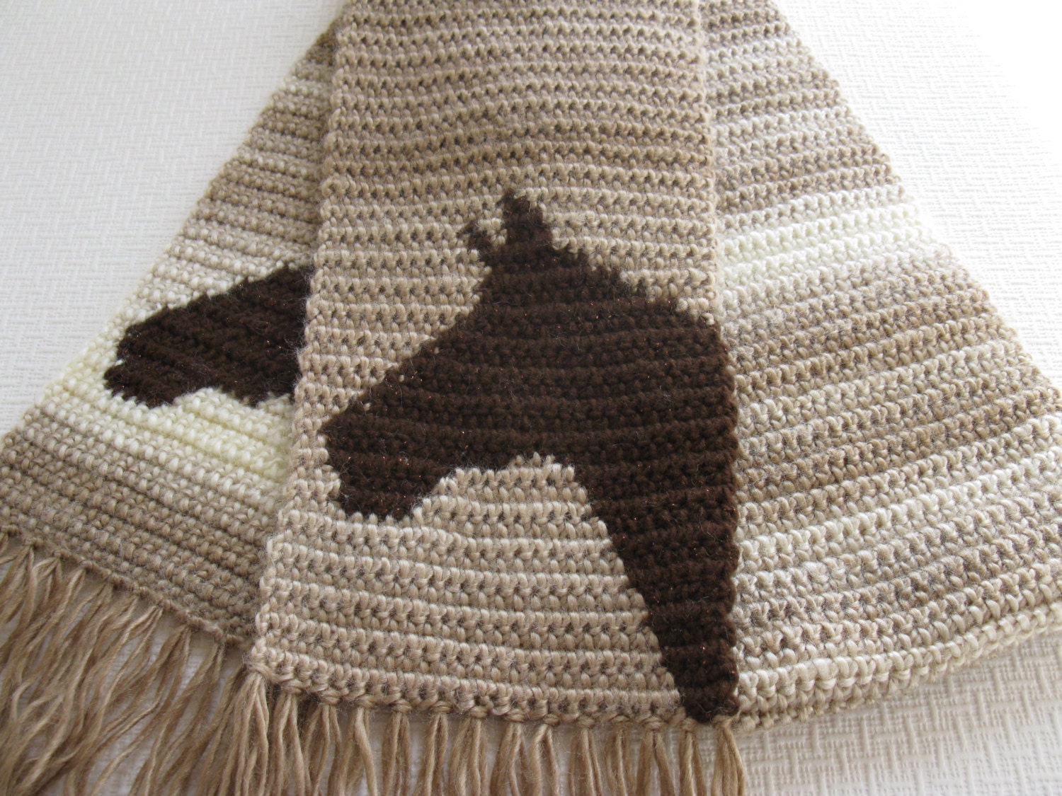 Horse Scarf. Brown ombre crochet scarf with horse by hooknsaw