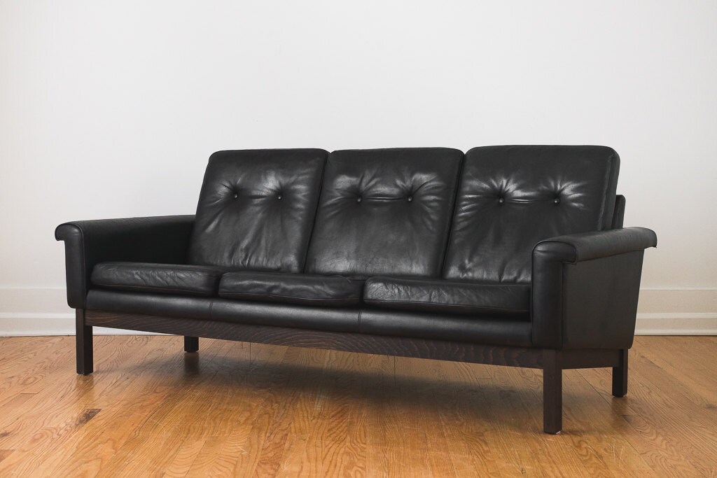 SALE Mid Century Black Leather Danish Sofa