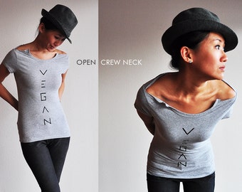 Vegan Clothing : Heather Grey Open-Crew-Neck Ladies Shirt (Size S)