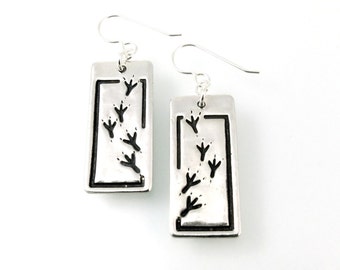 Sterling Silver, Raven Tracks, Dangling Earrings, Raven, Corvidae, Crow, Raven Earrings, Raven Jewelry, Raven Totem, Bird Track, 990r1