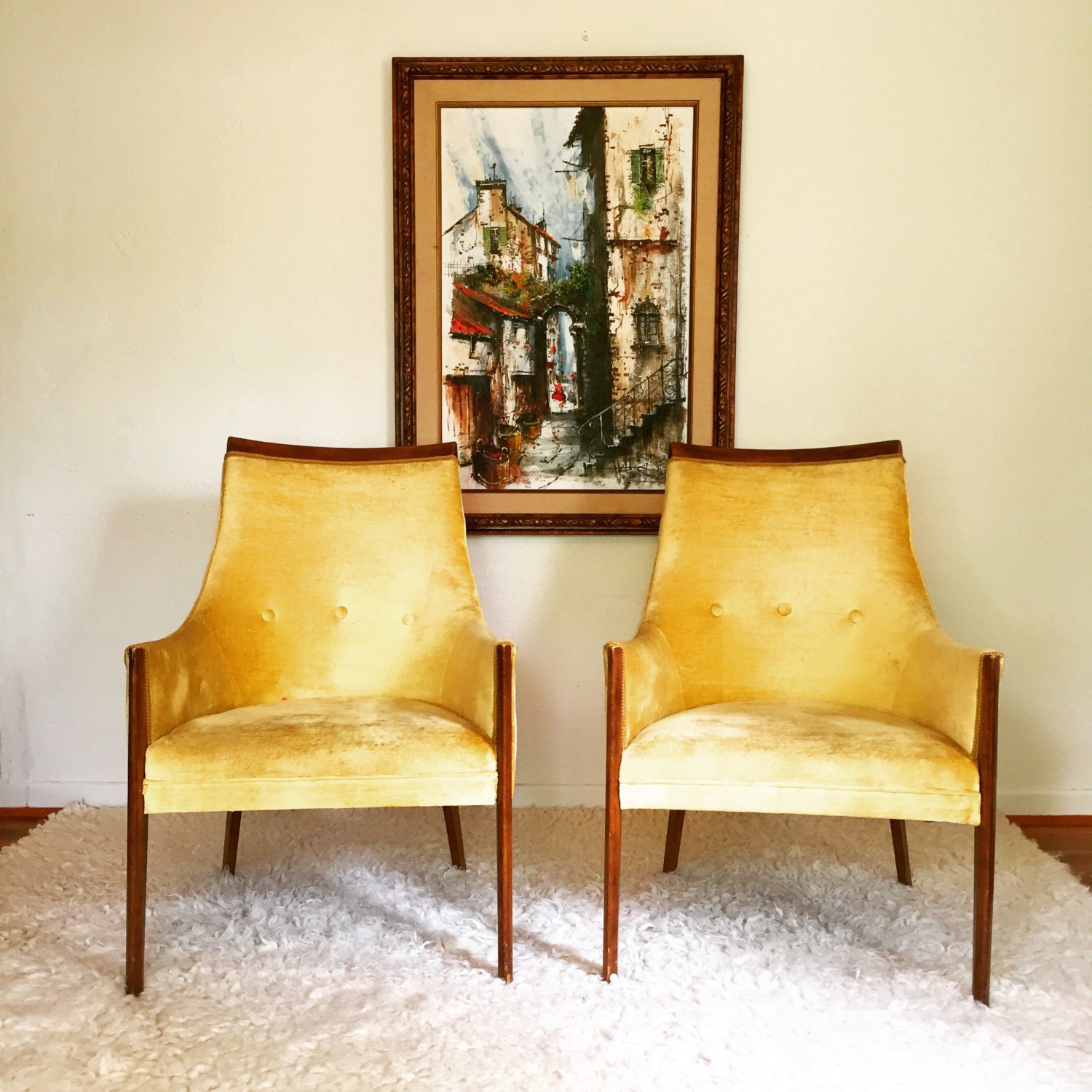 MCM Tub Chairs, Teak and Velvet, Canary Yellow, Mid Century Furniture