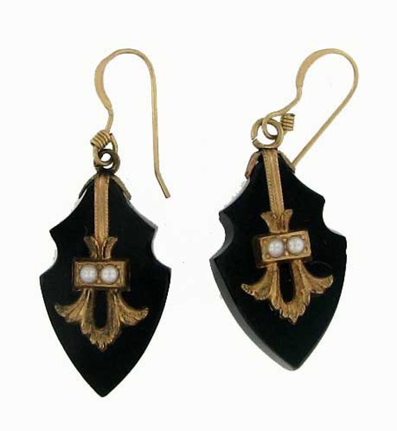 Victorian Gold Filled Black Oynx and Pearl Mourning Dangle Earrings