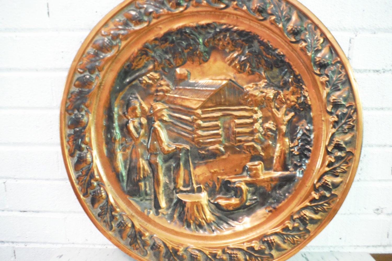 Huge copper plate decorative log cabin acorns americana
