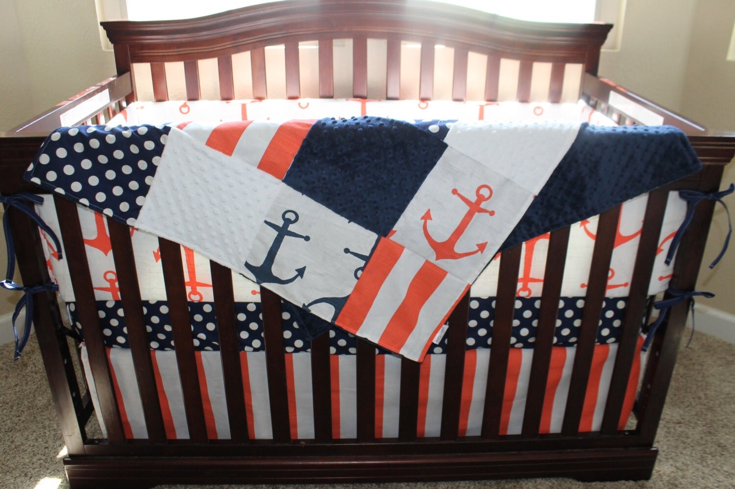 Nautical Baby Girl Crib Bedding Anchors Navy Dot Coral