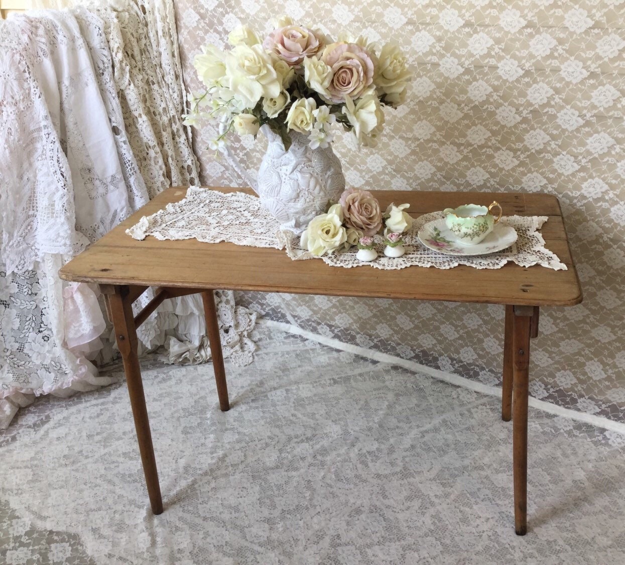 Vintage wooden Folding Table,Card Table, Fold away Table,Shabby Cottage