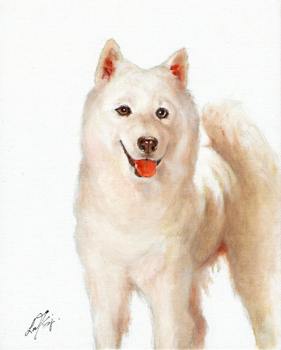 New Original Oil DOG Portrait Painting SAMOYED WHITE Art Puppy