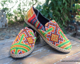 Womens Shoes Vegan Espadrilles Orange Hmong Embroidered Loafers With Indigo Batik - Morgan FREE Shipping