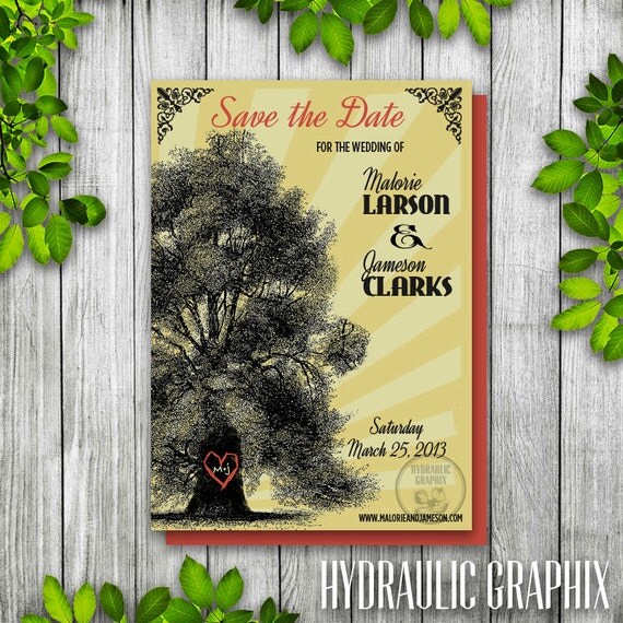 Oak Tree Wedding Save the Date, Retro Printable Invitation, Invitation with Tree, Vintage Tree Save the Date, Initials Heart Invitation Il_570xn