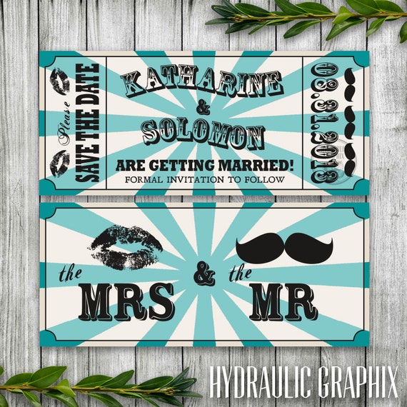 Mr. and Mrs. Printable Wedding Ticket Save the Date for a Circus, Carnival theme wedding with Kiss and Mustache Invitation, Retro Il_570xn