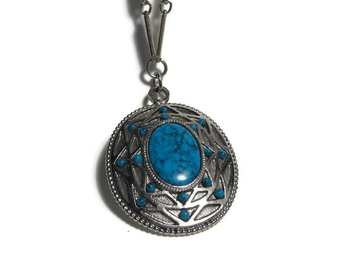 Whiting and Davis pendant necklace faux turquoise cabochon in silver southwestern design setting with link chain.