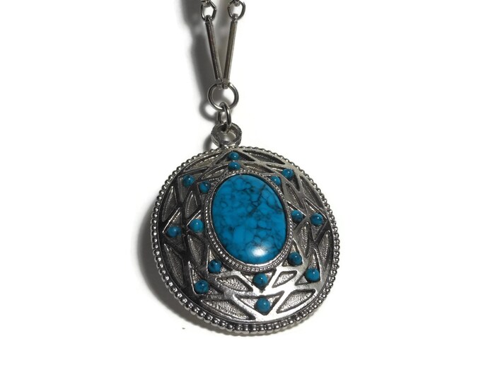 Whiting and Davis pendant necklace faux turquoise cabochon in silver southwestern design setting with link chain.